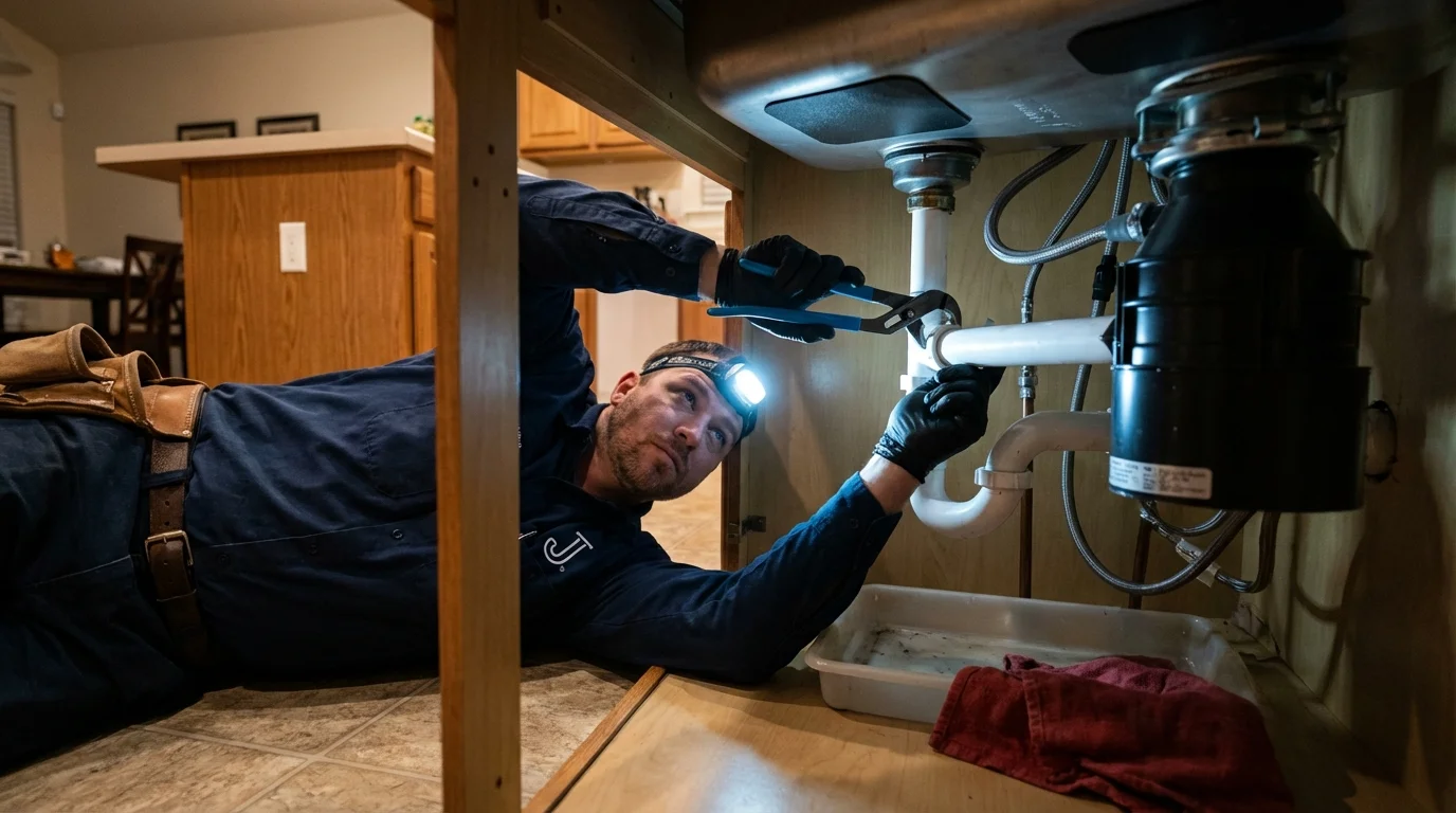 P-trap and supply line connections under a kitchen sink showing a common leak point in Glenside, PA